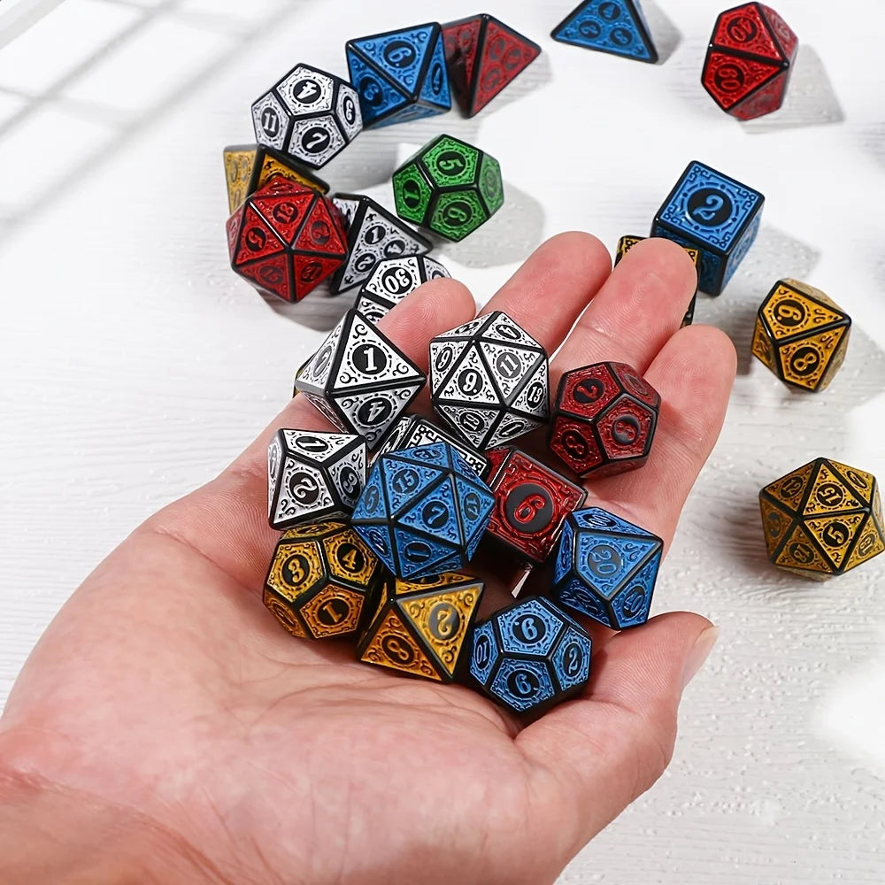 DND Game Polyhedral Dice Set with Textures Pattern 7pcs of D4 D6 D8 D10 D% D12 D20 for RPG Board Game Accessories