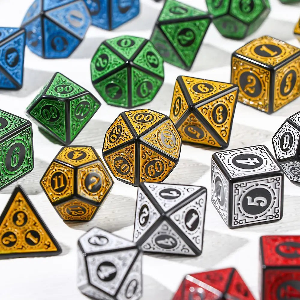 DND Game Polyhedral Dice Set with Textures Pattern 7pcs of D4 D6 D8 D10 D% D12 D20 for RPG Board Game Accessories