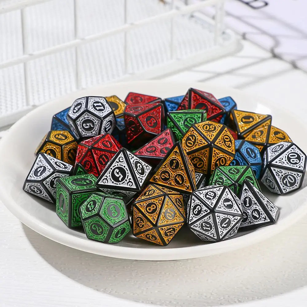 DND Game Polyhedral Dice Set with Textures Pattern 7pcs of D4 D6 D8 D10 D% D12 D20 for RPG Board Game Accessories