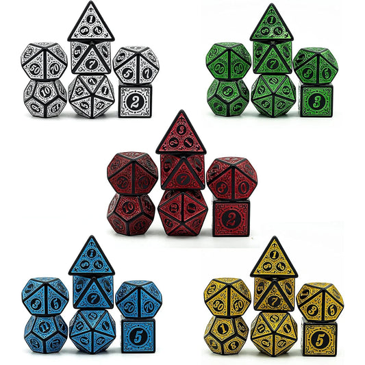 DND Game Polyhedral Dice Set with Textures Pattern 7pcs of D4 D6 D8 D10 D% D12 D20 for RPG Board Game Accessories