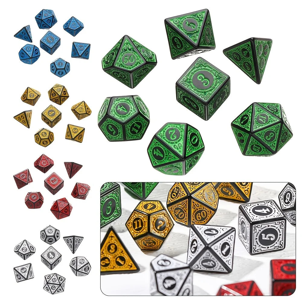 DND Game Polyhedral Dice Set with Textures Pattern 7pcs of D4 D6 D8 D10 D% D12 D20 for RPG Board Game Accessories