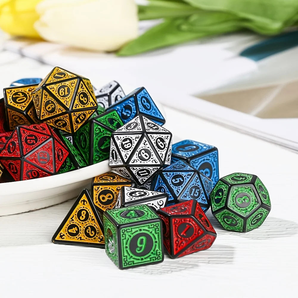 DND Game Polyhedral Dice Set with Textures Pattern 7pcs of D4 D6 D8 D10 D% D12 D20 for RPG Board Game Accessories